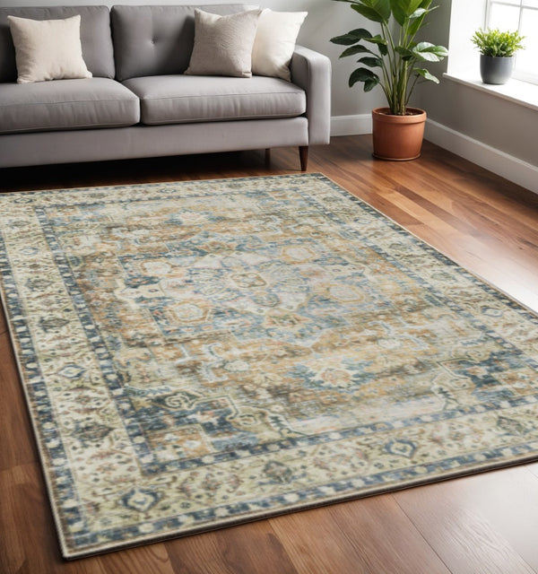 HomeRoots 4' Elegant Oriental-Print Area Rug in Blue, Ivory, Teal, Brown, and Gold – Stain Resistant and Non-Skid 5' X 7' 510369