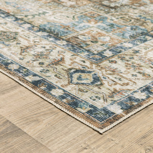 Homeroots 5' X 7' Blue Gold Brown Green And Salmon Oriental Printed Stain Resistant Non Skid Area Rug Blue,Gold Polyester 510369
