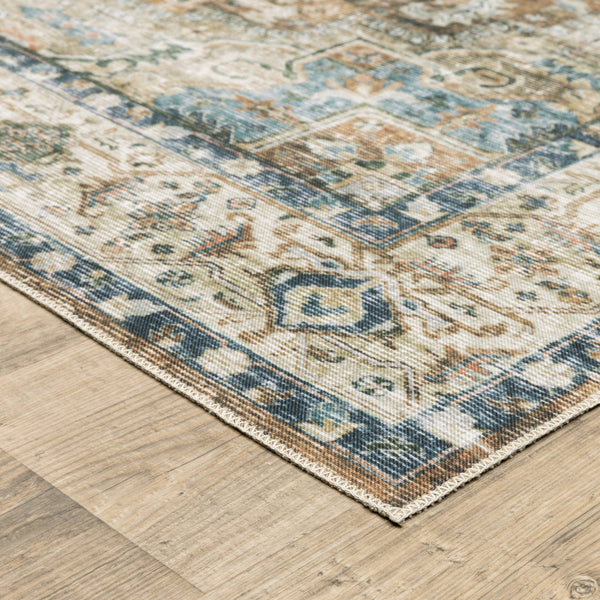 Homeroots 5' X 7' Blue Gold Brown Green And Salmon Oriental Printed Stain Resistant Non Skid Area Rug Blue,Gold Polyester 510369