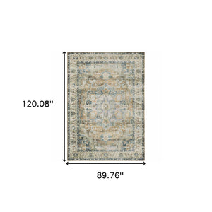 Homeroots 7' X 10' Blue And Gold Oriental Non Skid Area Rug Blue,Gold Polyester 510370