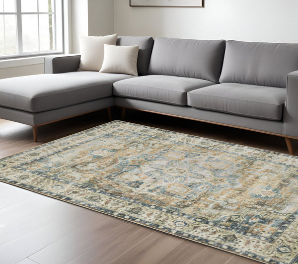 Homeroots 7' X 10' Blue And Gold Oriental Non Skid Area Rug Blue,Gold Polyester 510370