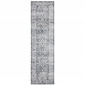 Homeroots 8' Gray And Ivory Oriental Printed Non Skid Runner Rug Navy,Ivory Polyester 510372