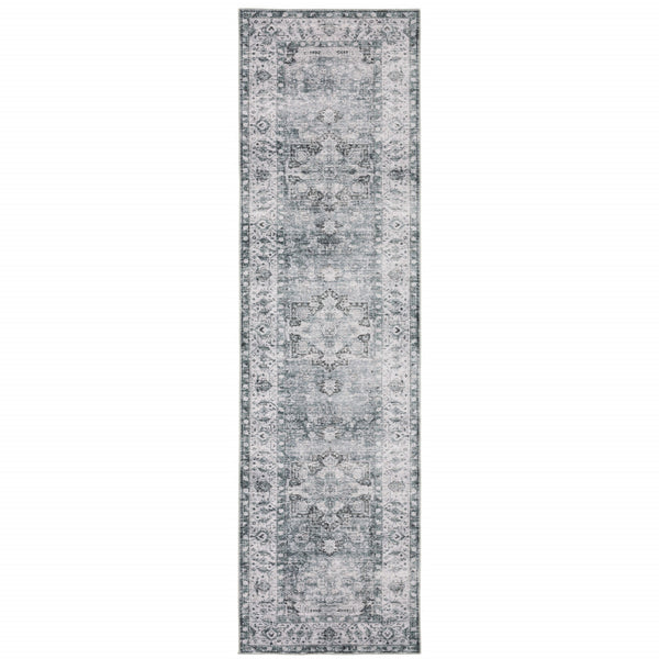 Homeroots 8' Gray And Ivory Oriental Printed Non Skid Runner Rug Navy,Ivory Polyester 510372
