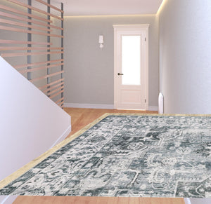 Homeroots 8' Gray And Ivory Oriental Printed Non Skid Runner Rug Navy,Ivory Polyester 510372