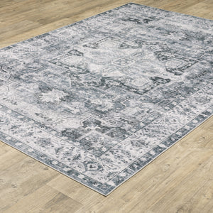 Homeroots 8' Gray And Ivory Oriental Printed Non Skid Runner Rug Navy,Ivory Polyester 510372