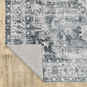 Homeroots 8' Gray And Ivory Oriental Printed Non Skid Runner Rug Navy,Ivory Polyester 510372