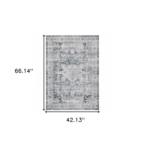 HomeRoots 4' Elegant Oriental-Print Area Rug in Blue, Ivory, Teal, Brown, and Gold – Stain Resistant and Non-Skid 4' X 6' 510373