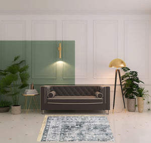 Homeroots 4' X 6' Navy Blue Ivory And Grey Oriental Printed Stain Resistant Non Skid Area Rug Navy,Ivory Polyester 510373