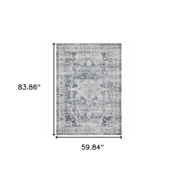 HomeRoots 4' Elegant Oriental-Print Area Rug in Blue, Ivory, Teal, Brown, and Gold – Stain Resistant and Non-Skid 5' X 7' 510374