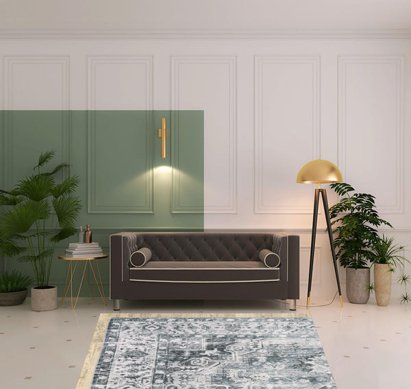 Homeroots 5' X 7' Navy Blue Ivory And Grey Oriental Printed Stain Resistant Non Skid Area Rug Navy,Ivory Polyester 510374