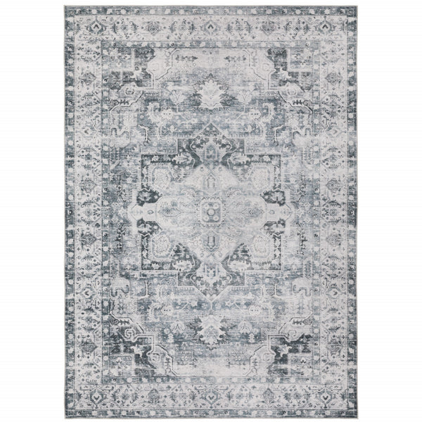 Homeroots 7' X 10' Gray And Ivory Oriental Non Skid Area Rug Navy,Ivory Polyester 510375