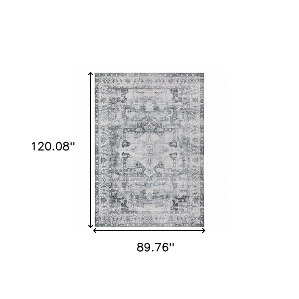 Homeroots 7' X 10' Gray And Ivory Oriental Non Skid Area Rug Navy,Ivory Polyester 510375