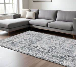 Homeroots 7' X 10' Gray And Ivory Oriental Non Skid Area Rug Navy,Ivory Polyester 510375