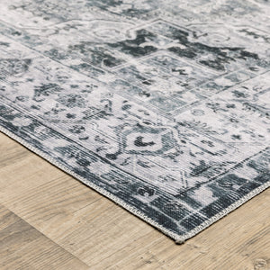 Homeroots 7' X 10' Gray And Ivory Oriental Non Skid Area Rug Navy,Ivory Polyester 510375
