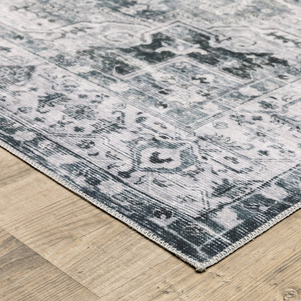 Homeroots 7' X 10' Gray And Ivory Oriental Non Skid Area Rug Navy,Ivory Polyester 510375