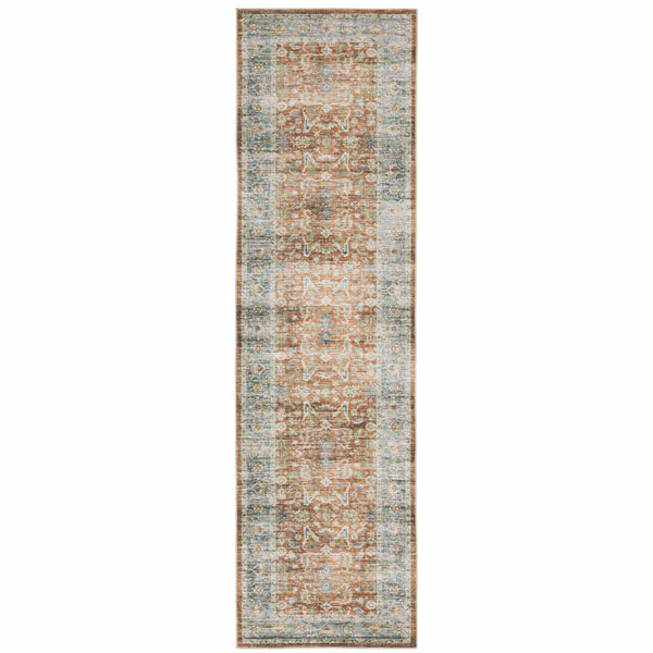 Homeroots 2' X 8' Rust Blue Ivory And Gold Oriental Printed Stain Resistant Non Skid Runner Rug Rust,Blue Polyester 510377