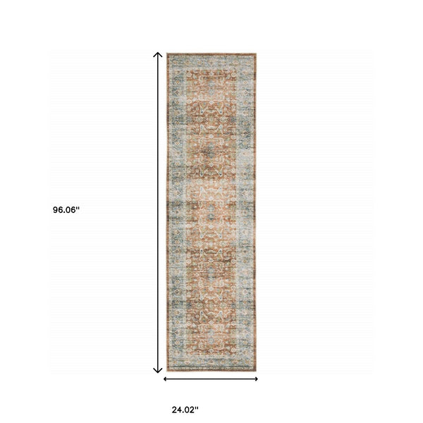 Homeroots 2' X 8' Rust Blue Ivory And Gold Oriental Printed Stain Resistant Non Skid Runner Rug Rust,Blue Polyester 510377