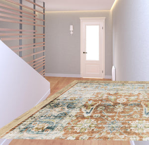 Homeroots 2' X 8' Rust Blue Ivory And Gold Oriental Printed Stain Resistant Non Skid Runner Rug Rust,Blue Polyester 510377