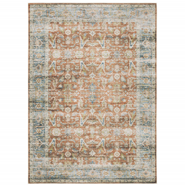 Homeroots 5' X 7' Rust Blue Ivory And Gold Oriental Printed Stain Resistant Non Skid Area Rug Rust,Blue Polyester 510379