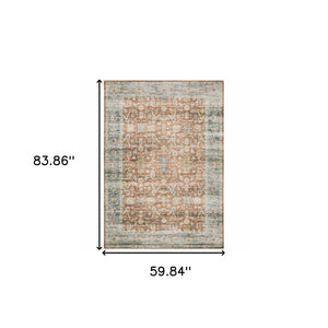Homeroots 5' X 7' Rust Blue Ivory And Gold Oriental Printed Stain Resistant Non Skid Area Rug Rust,Blue Polyester 510379