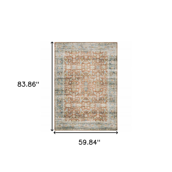 Homeroots 5' X 7' Rust Blue Ivory And Gold Oriental Printed Stain Resistant Non Skid Area Rug Rust,Blue Polyester 510379