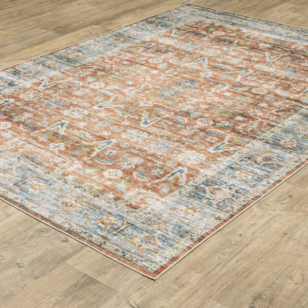 Homeroots 5' X 7' Rust Blue Ivory And Gold Oriental Printed Stain Resistant Non Skid Area Rug Rust,Blue Polyester 510379