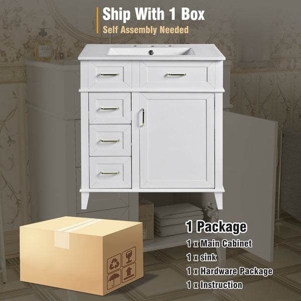 English Elm 30-Inch Bathroom Vanity with Ceramic Sink, Gold Handles, Solid Wood Frame and Soft-Close Drawers White N729P195052K