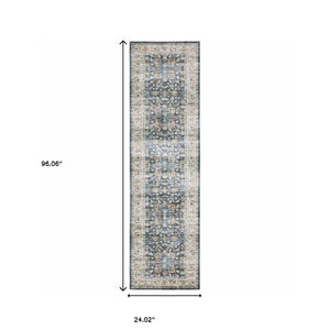 Homeroots 2' X 8' Blue Gold Rust Ivory And Olive Oriental Printed Stain Resistant Non Skid Runner Rug Blue,Gold Polyester 510382