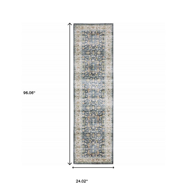 Homeroots 2' X 8' Blue Gold Rust Ivory And Olive Oriental Printed Stain Resistant Non Skid Runner Rug Blue,Gold Polyester 510382