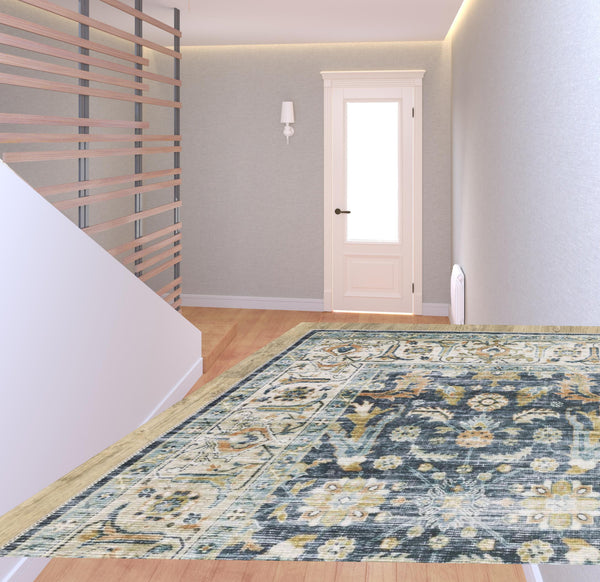 Homeroots 2' X 8' Blue Gold Rust Ivory And Olive Oriental Printed Stain Resistant Non Skid Runner Rug Blue,Gold Polyester 510382