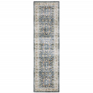 Homeroots 2' X 8' Blue Gold Rust Ivory And Olive Oriental Printed Stain Resistant Non Skid Runner Rug Blue,Gold Polyester 510382