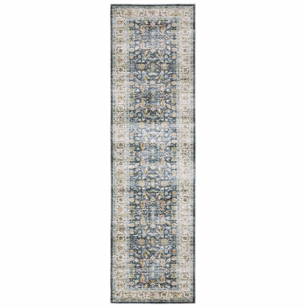 Homeroots 2' X 8' Blue Gold Rust Ivory And Olive Oriental Printed Stain Resistant Non Skid Runner Rug Blue,Gold Polyester 510382