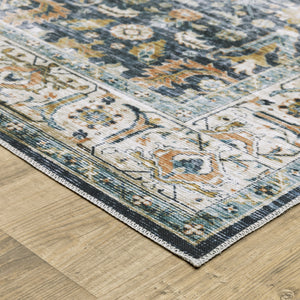 Homeroots 2' X 8' Blue Gold Rust Ivory And Olive Oriental Printed Stain Resistant Non Skid Runner Rug Blue,Gold Polyester 510382