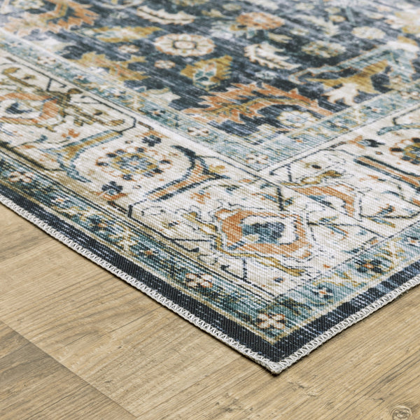 Homeroots 2' X 8' Blue Gold Rust Ivory And Olive Oriental Printed Stain Resistant Non Skid Runner Rug Blue,Gold Polyester 510382