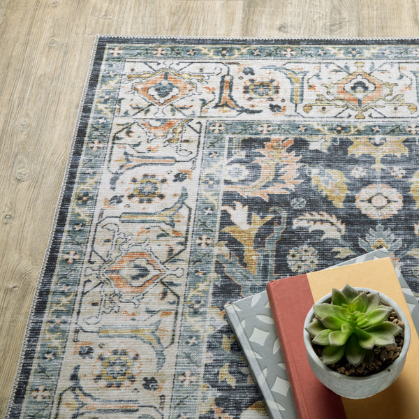 Homeroots 2' X 8' Blue Gold Rust Ivory And Olive Oriental Printed Stain Resistant Non Skid Runner Rug Blue,Gold Polyester 510382