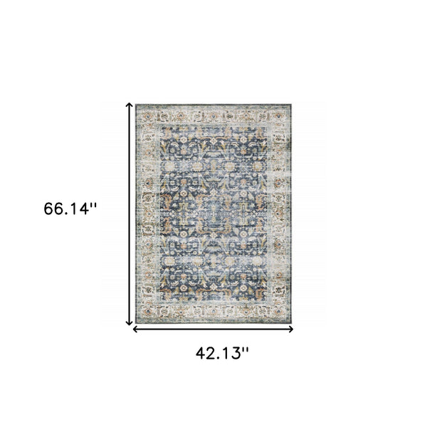 Homeroots 4' X 6' Blue And Ivory Oriental Non Skid Area Rug Blue,Gold Polyester 510383