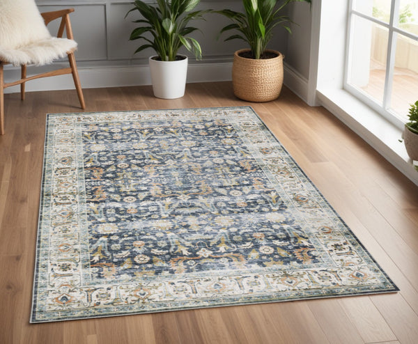 Homeroots 4' X 6' Blue And Ivory Oriental Non Skid Area Rug Blue,Gold Polyester 510383