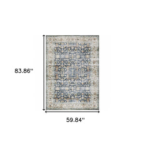HomeRoots 4' Blue and Ivory Oriental Area Rug - Timeless Elegance with Non-Skid Backing for Busy Homes 5' X 7' 510384