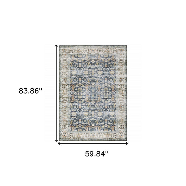 HomeRoots 4' Blue and Ivory Oriental Area Rug - Timeless Elegance with Non-Skid Backing for Busy Homes 5' X 7' 510384