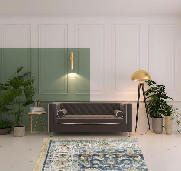 Homeroots 5' X 7' Blue Gold Rust Ivory And Olive Oriental Printed Stain Resistant Non Skid Area Rug Blue,Gold Polyester 510384