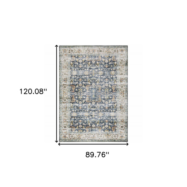 Homeroots 7' X 10' Blue And Ivory Oriental Non Skid Area Rug Blue,Gold Polyester 510385