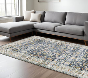 Homeroots 7' X 10' Blue And Ivory Oriental Non Skid Area Rug Blue,Gold Polyester 510385