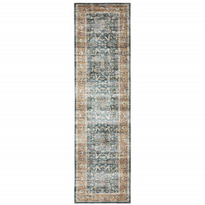 Homeroots 2' X 8' Blue Rust Gold And Olive Oriental Printed Stain Resistant Non Skid Runner Rug Blue,Rust Polyester 510387