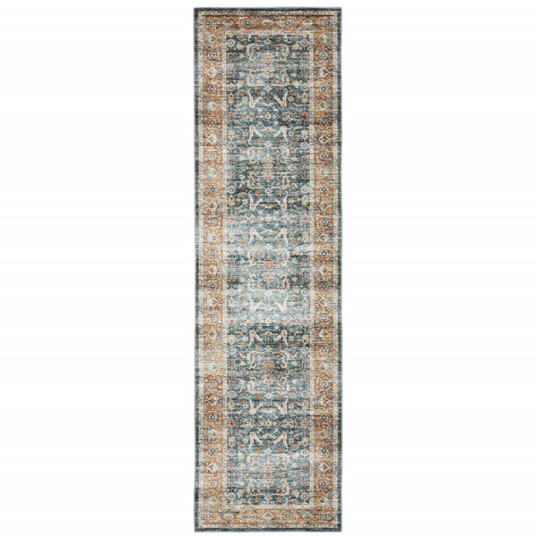 Homeroots 2' X 8' Blue Rust Gold And Olive Oriental Printed Stain Resistant Non Skid Runner Rug Blue,Rust Polyester 510387