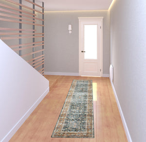 Homeroots 2' X 8' Blue Rust Gold And Olive Oriental Printed Stain Resistant Non Skid Runner Rug Blue,Rust Polyester 510387