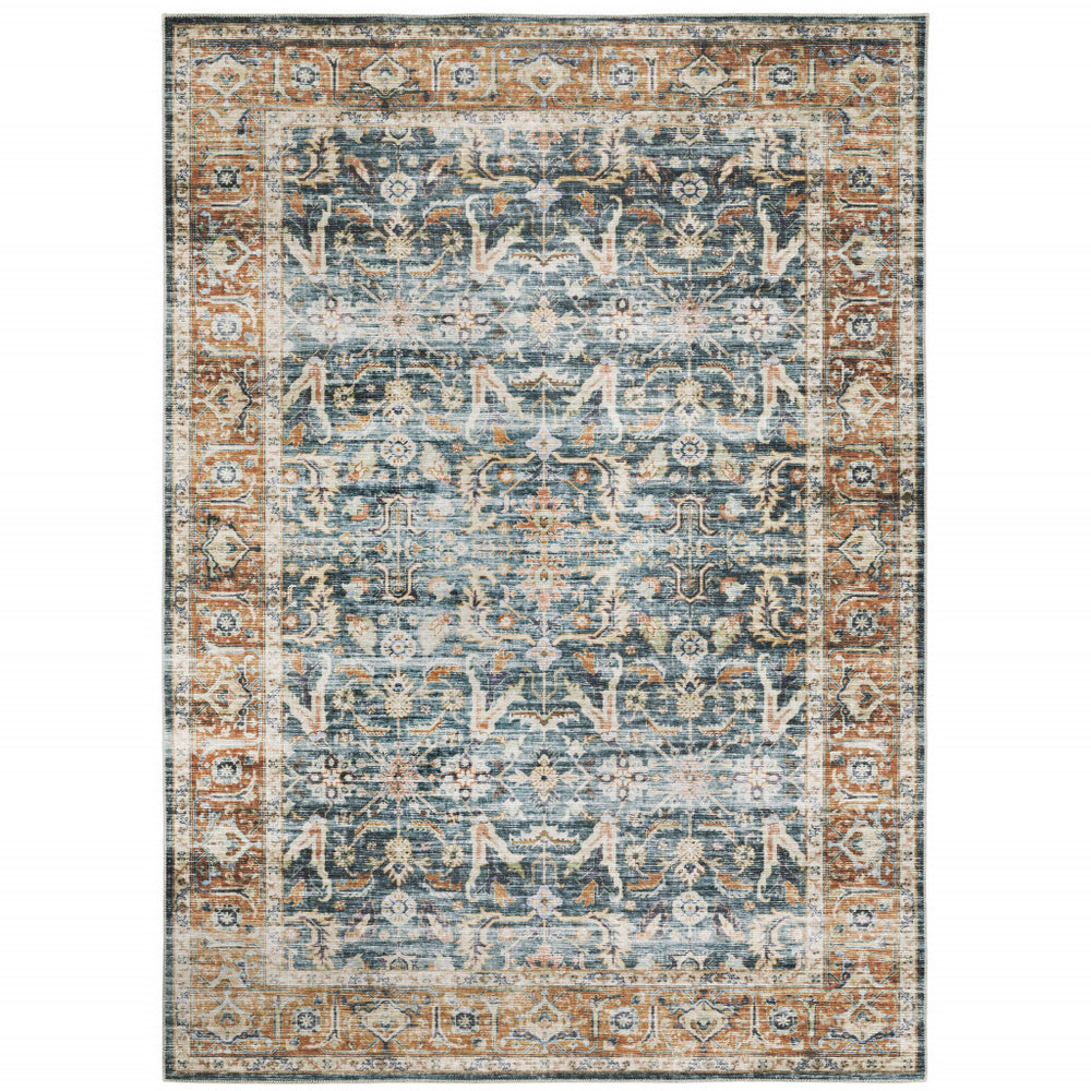 Homeroots 5' X 7' Blue Rust Gold And Olive Oriental Printed Stain Resistant Non Skid Area Rug Blue,Rust Polyester 510389