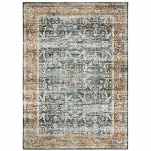 Homeroots 5' X 7' Blue Rust Gold And Olive Oriental Printed Stain Resistant Non Skid Area Rug Blue,Rust Polyester 510389