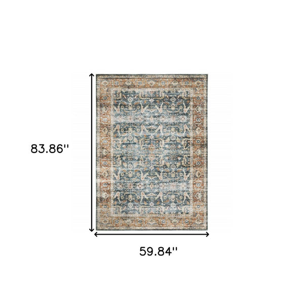 HomeRoots 4' Blue and Ivory Oriental Area Rug - Timeless Elegance with Non-Skid Backing for Busy Homes 5' X 7' 510389