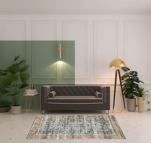 Homeroots 5' X 7' Blue Rust Gold And Olive Oriental Printed Stain Resistant Non Skid Area Rug Blue,Rust Polyester 510389