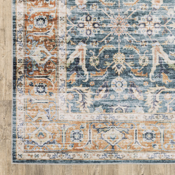 Homeroots 5' X 7' Blue Rust Gold And Olive Oriental Printed Stain Resistant Non Skid Area Rug Blue,Rust Polyester 510389